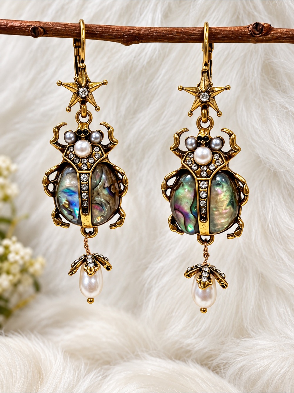 Scarab Beetle Earrings in Abalone Shell Setting / Vintage-Inspired